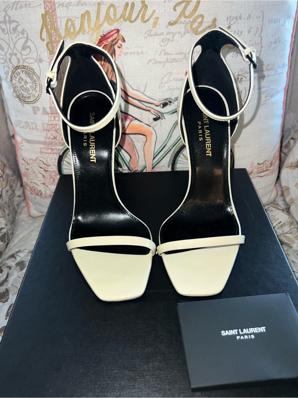 Saint Laurent Cream Leather Ankle-Strap Heels new